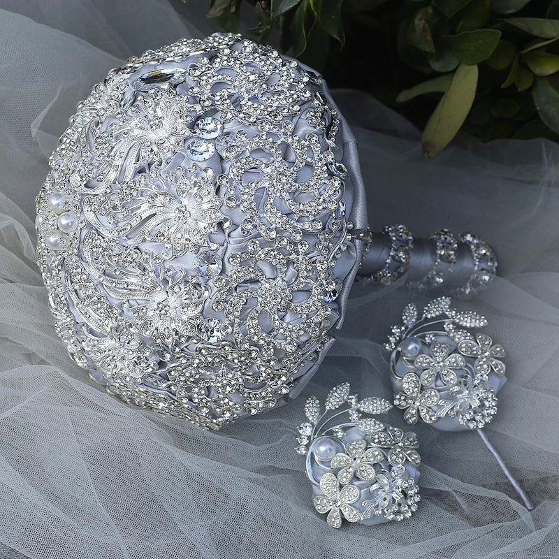 DOTKV Elegant Silver Grey Wedding Bouquets for Bride - Crystal Rhinestone & Pearl Decorated Round Bridal Bouquets, Sparkling Handheld Flower Arrangement for Wedding Ceremony (Silver+Gray) - Image 3